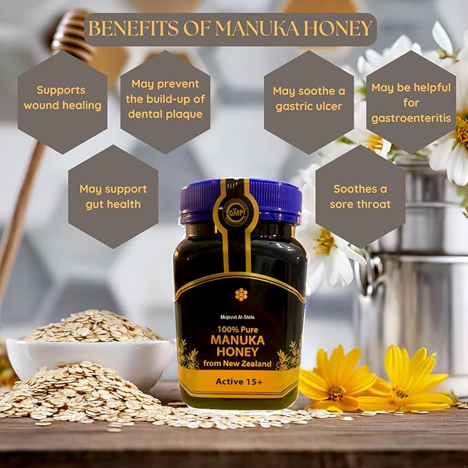Mujezat Al-Shifa 100% Raw &amp Pure New Zealand Manuka Honey - 15+ Active | Premium Grade UMF Certified Honey 17.6oz / 500g