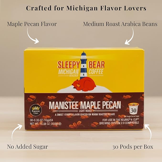 Sleepy Bear Coffee Pods Medium Roast Arabica Rich Flavor Michigan-Made Smooth &amp Sweet No Sugar Added 30ct Pods Compatible with Single-Serve Brewers (Manistee Maple Pecan)