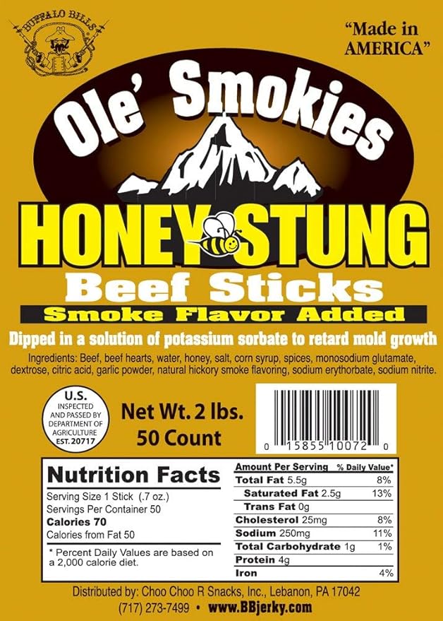 Buffalo Bills 2 lbs Honey Stung 6 Ole' Smokies Saddlebag (50 beef sticks per saddlebag)