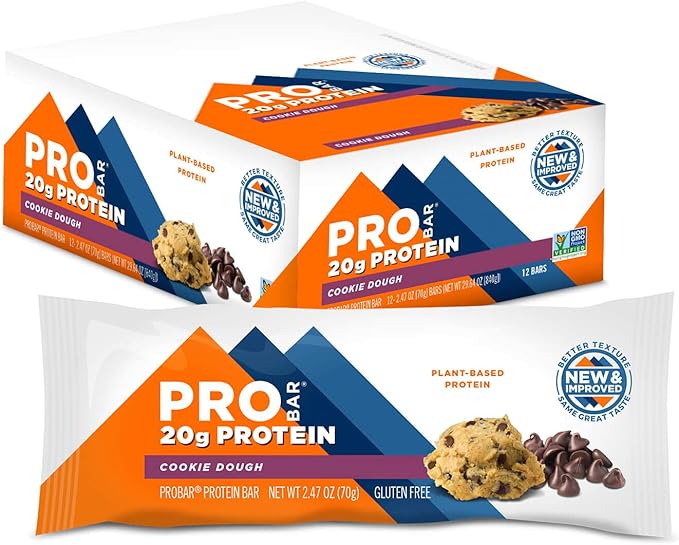 PROBAR Protein Bar 12 Count Peanut Butter Chocolate and Cookie Dough Gluten-Free Non-GMO Plant-Based