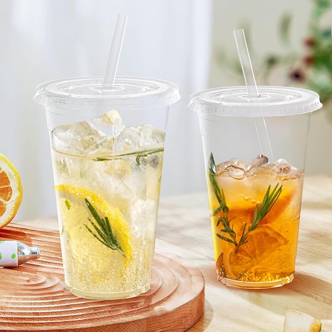 100 Pack - 24 oz Clear Plastic Cups with Lids and Straws Sturdy &amp Food Safe Iced Coffee Cups with lids Disposable Plastic Smoothie Cups for Cold Drinks