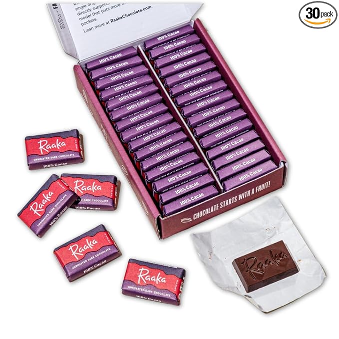 Raaka 100% Dark Chocolate Mini Bars | Unsweetened Bitter No Added Sugar or Artificial Sweeteners | Organic Vegan Gluten Free Paleo Kosher | Box of 30 Individually Wrapped Chocolates