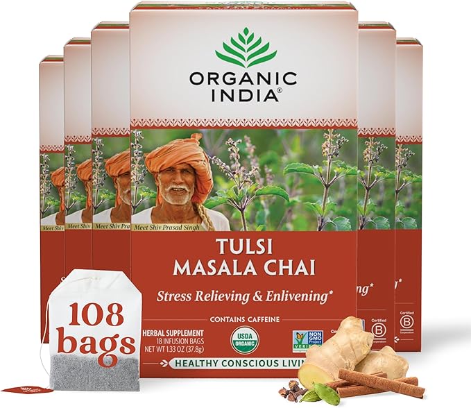 Organic India Tulsi Masala Chai Tea Bags - Holy Basil Black Tea Spices with Ginger Stress Relieving Immune Support USDA Certified Organic Antioxidant Caffeinated - 18 Infusion Bags 6 Pack