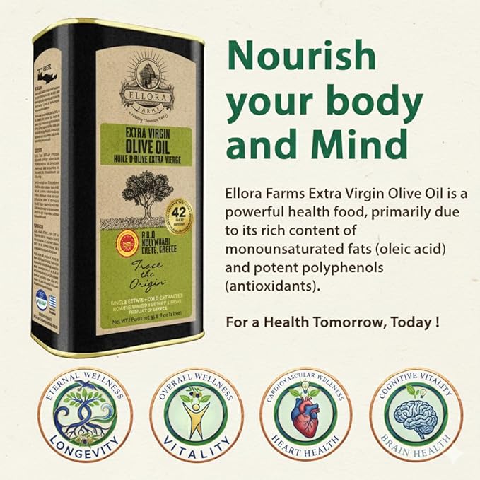 Aleta Organic and Ellora Farms Certified Single Estate PDO Extra Virgin Olive Oil Crete Greece 1 Ltr. (33.8 oz) Each Tin Combo Pack