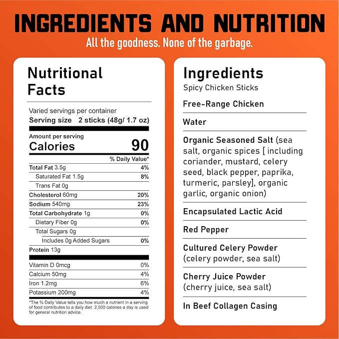 Nick's Sticks Spicy Free Range Clean &amp Balanced Chicken Snack Sticks | Made in the USA | Gluten Free | Paleo Keto Whole 30 Approved | No Soy Antibiotics or Hormones (25-1.7 oz. Packages of 2 st