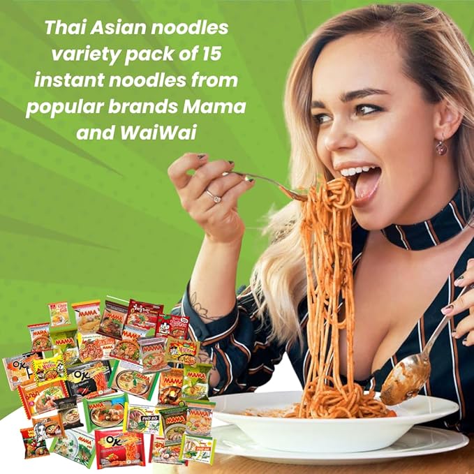 HCG Thai Ramen Noodles Variety Pack with Mama Soup and Wai Wai Quick Instant Noodle Pack of 15 with chopsticks 18 Piece Set