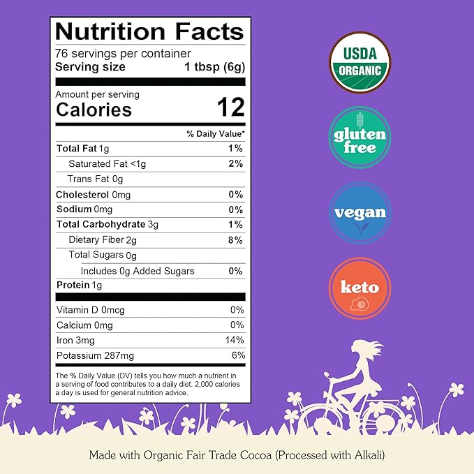 NuNaturals Unsweetened Organic Fairtrade Certified Cocoa Powder Premium Dutch-Process For Drinking and Baking 1 lb