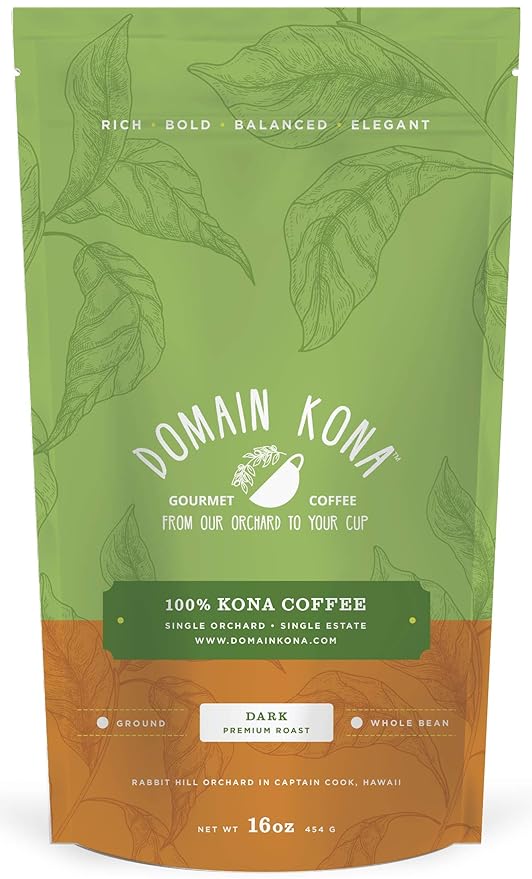 100% Kona Coffee – GROUND Dark roast Single estate gourmet coffee 16 ounces Ships direct from Domain Kona farm fresh