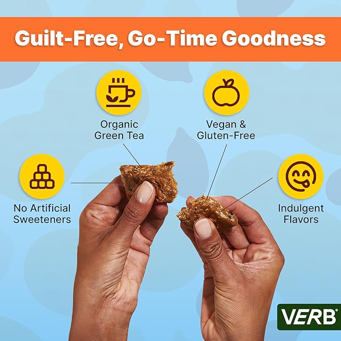Verb Caffeinated Energy Bars Peanut Butter Cookie (26g Pack of 16) 110-Calorie Delicious Energy Bar - Vegan Gluten Free On-the Go Snack with 80mg Green Tea Caffeine Only Real-Food Ingredients