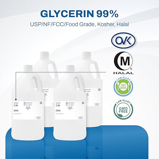 Lab Alley Glycerin USP/NF/FCC Grade Kosher Certified Halal GMO-Free - 16 Liters (Pack of 4 x 4 Liter Bottles)