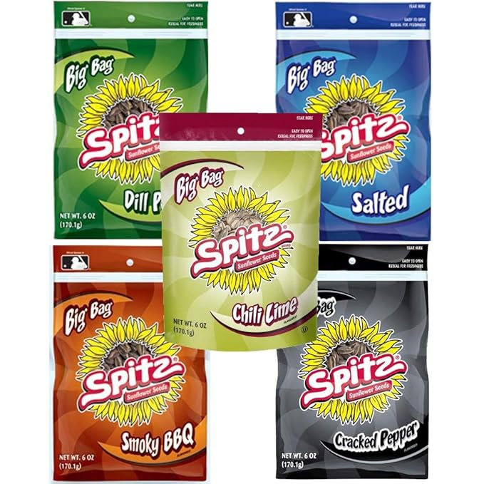 Spitz Sunflower Seeds Variety Bundle 6 oz (Pack of 5) includes 1 Bag Each of Salted Cracked Pepper Smoky BBQ Dill Pickle and Chili Lime (30oz total)