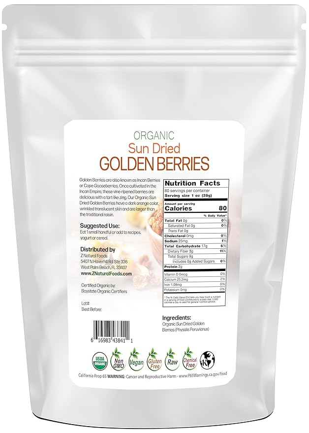 Sun Dried Organic Golden Berries - Gooseberries - No Sugar Added - Add To Yogurt Salad Trail Mix Snacks - Raw Vegan Non GMO Gluten Free Kosher - Bulk 5 lb Size