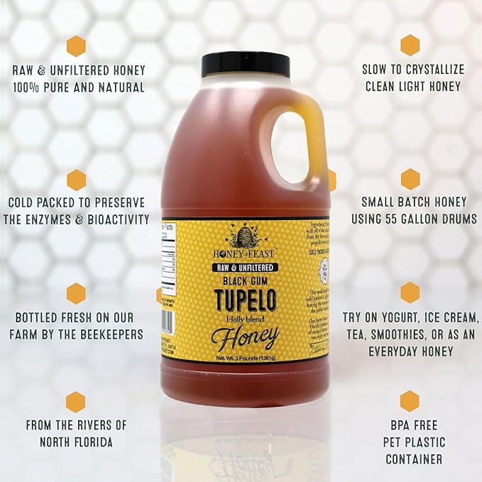 HONEY FEAST Raw Black Gum Tupelo Honey 3 Pounds (Pack of 4) Unfiltered &amp Pure Superfood – From Organic American Floral Sources