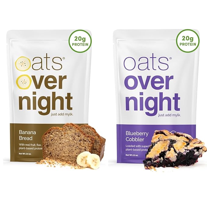 Oats Overnight Banana Bread 8 Pack &amp Blueberry Cobbler 8 Pack - Vegan 20g Protein High Fiber Breakfast Shake - Gluten Free Non GMO Oatmeal