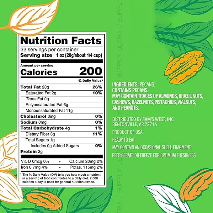 Members Mark Natural Pecan Halves (32 oz.) Unsalted Raw Pecans Fresh &amp Resealable Bag Great for Baking Snacking and Cooking