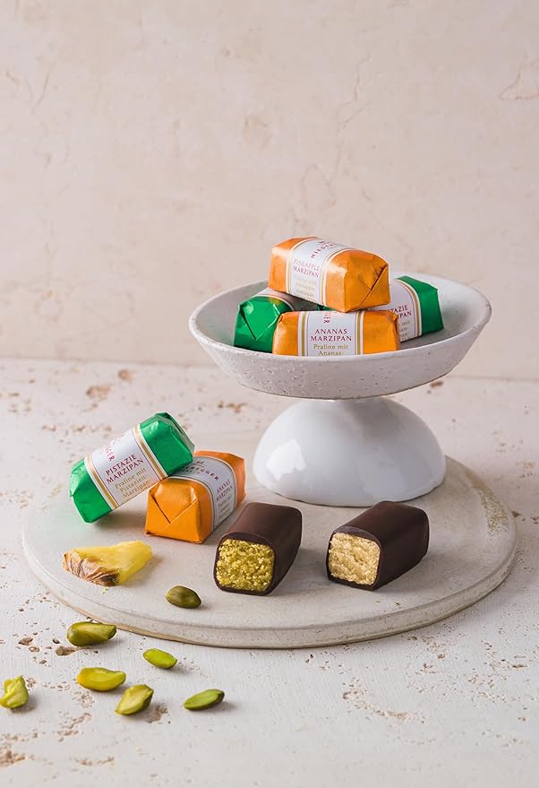 Niederegger Classic Marzipan Assortment Covered with Dark &amp Milk Chocolate 300g / 10.5oz | 24 Pieces per Box | 6 Variety - 4 Pineapple 4 Orange 4 Classic 4 Pistachio 4 Milk Chocolate &amp 4 E