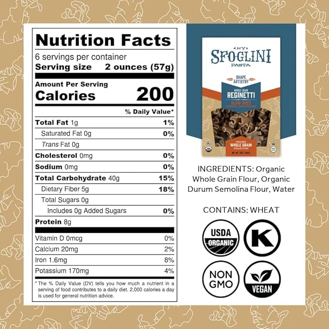 Sfoglini Organic Whole Grain Pasta Reginetti (4-Pack 12oz Each)