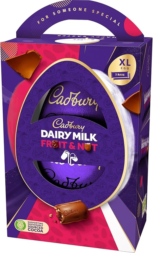 Cadbury Dairy Milk Fruit &amp Nut Chocolate Easter Egg Includes 1 Extra Large Chocolate Shell and Cadbury Dairy Milk Fruit &amp Nut 2 Bars Gift for Easter 273 g (Pack of 1)