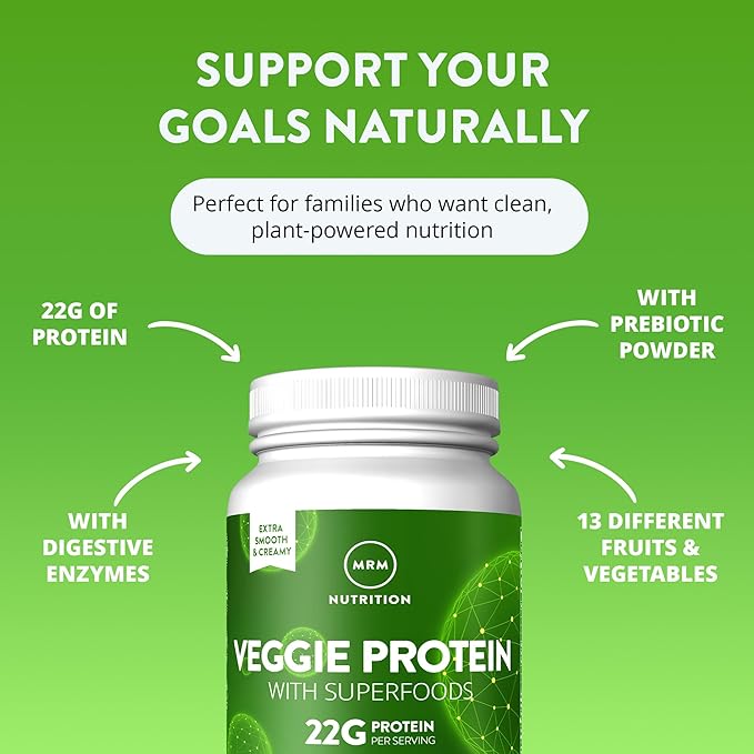 MRM Nutrition Veggie Protein with Superfoods - Vanilla Flavored Protein Powder for Women &amp Men 22g of Vegan Protein Amino Acids &amp Digestive Enzymes Gluten &amp Dairy Free - 15 Servings