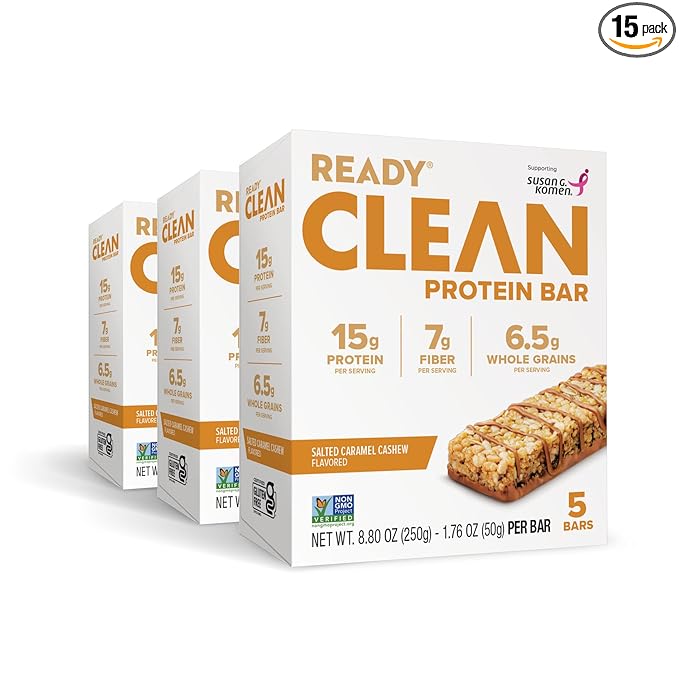 Ready® Protein Bars - High-Protein Snack with 15g Whey Protein All-Natural Ingredients Supports Lean Muscle and Recovery - Salted Caramel Cashew Bundle (15 Pack)