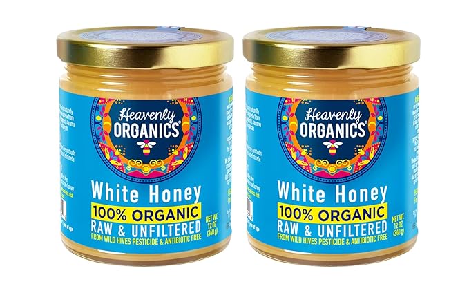 Heavenly Organics 100% Organic Raw White Honey 2 Pack - Size 12Oz/Jar Lightly Filtered to Preserve Vitamins Minerals and Enzymes Made from Wild Beehives &amp Free Range Bees Dairy Nut Gluten Fre