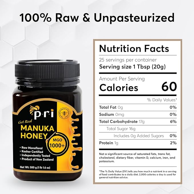 P.R.I Manuka Honey MGO 1000+ Ultra‑Potent Monofloral New Zealand Honey Rare Limited‑Harvest Cool‑Processed &amp QR‑Traceable (500g/1.1lb)