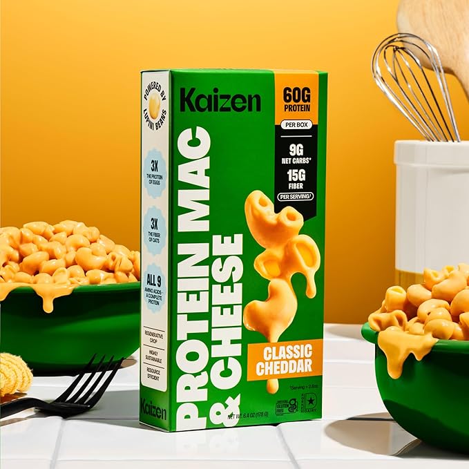 Kaizen High Protein Cheddar Mac &amp Cheese - Low Carb Keto Friendly High Fiber Gluten-Free Plant-Based Non-GMO - 6.4 Ounces (Pack of 3)