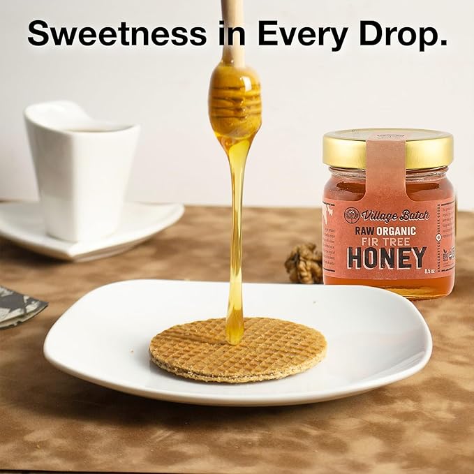 Village Batch Raw Organic Fir Tree Honey 8.5oz Jar (Pack of 1) Unfiltered and Unpasteurized Greek-Honey from Mainalo Mountain Smooth Texture with Vanilla and Conifer Notes