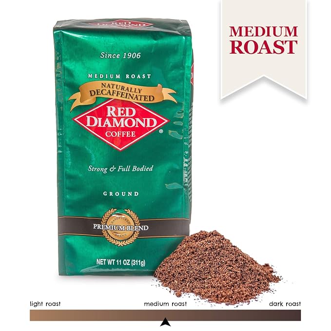 Red Diamond Ground Coffee Decaffeinated Medium Roast 100% Arabica Premium Beans Strong &amp Full-Bodied Flavor 11 Ounce Resealable Bag (Pack of 2)