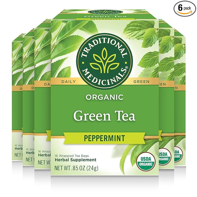 Traditional Medicinals Organic Green Tea Peppermint - Promotes Healthy Digestion Occasional Nausea &amp Indigestion Relief - Kosher Non-GMO - 96 Teabags (Pack of 6)
