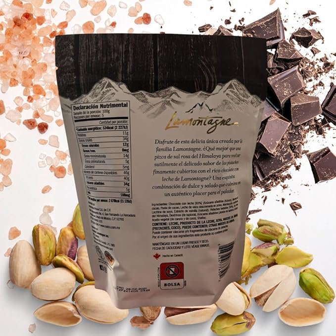LAMONTAGNE Milk Chocolate Covered Sea Salt Pistachios with Pink Himalayan Salt 17.68 Ounce (500 g) + NAJD LLC Sticker + Reusable Ice Packs.