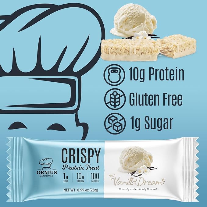 Genius Gourmet Crispy Protein Treat Vanilla Dream Keto Snack Low Carb Low Sugar &amp Gluten Free Protein Snacks for Adults 10G of Whey Protein per Protein Bar 5 Net Carbs On The Go Snack 10