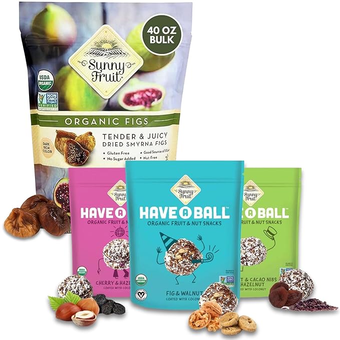 Sunny Fruit Organic Turkish Dried Figs 2.5 lb Bulk + RAW Fruit and Nut Balls Variety (3x9) | High Fiber Snacks Bundle | No Sugar Added No Preservatives | Vegan Non-GMO Kosher Halal
