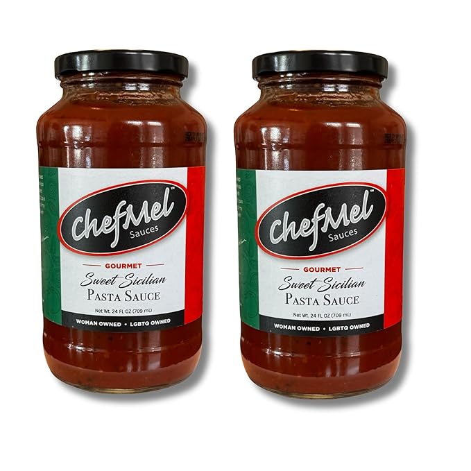 ChefMel’s Sweet Sicilian-Style Pasta Sauce - Rich &amp Velvety Italian Tomato Sauce Infused with Red Wine - Handcrafted in Small Batches - Gluten-Free - For Pasta Pizza &amp More - 24oz Jar (2 Pack