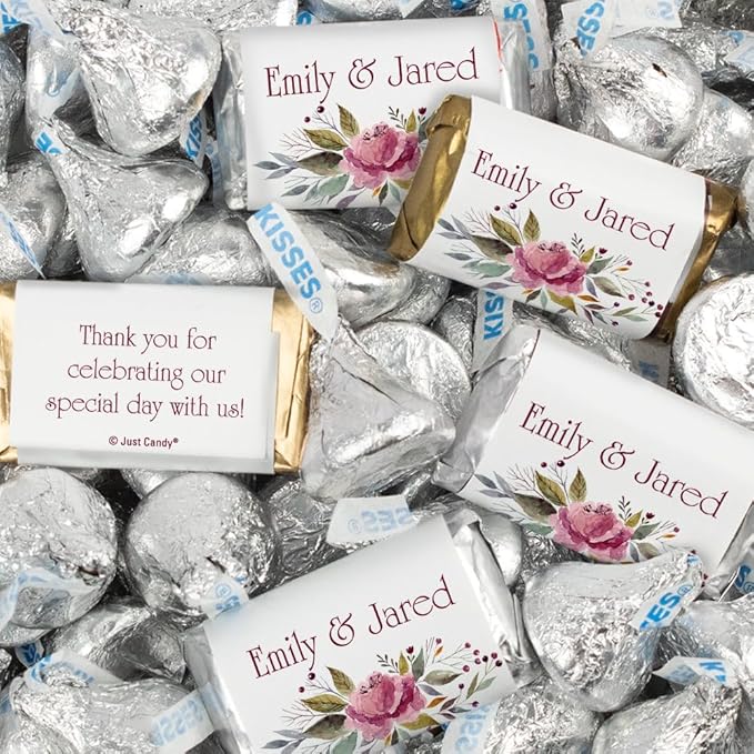 128 Pcs Personalized Wedding Candy Party Favors Wrapped Miniatures and Kisses (1.58 lbs) - Pink Floral