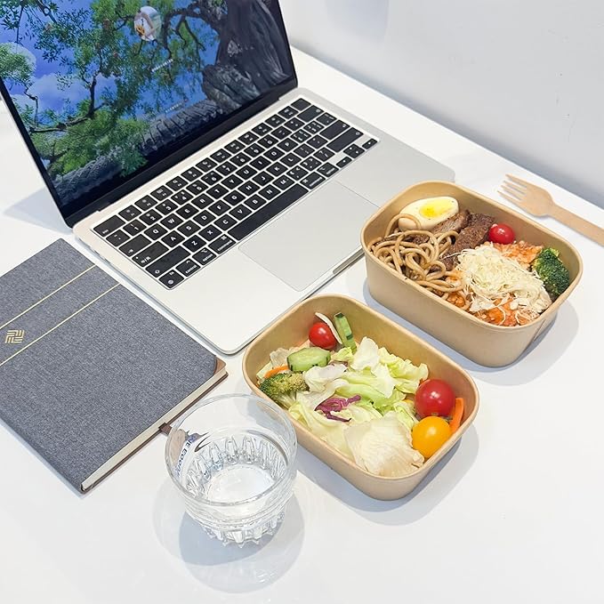 MINCOCO 50 Count Paper Bowls Disposable Meal Prep Containers with Lids【Includes 50 Wooden Forks + 100 Labels】 Salad Food Containers Freezer &amp Microwave Safe Leakproof Soup Bowls (29 Ounce 50-Coun