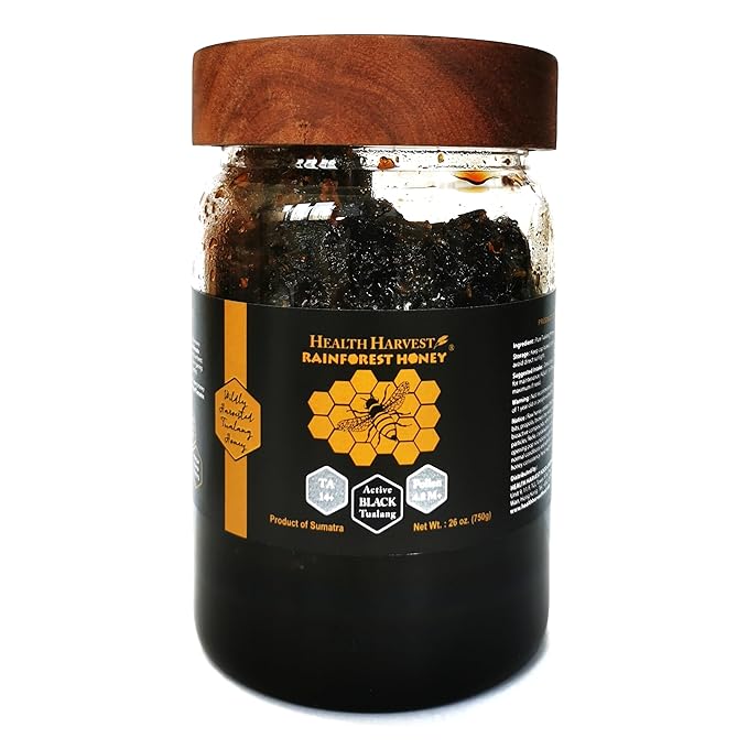 Premium Tualang Black Honey with Comb 26oz (TA 14+ Pollen Count 4.8M+ Pollen Variety 150+) Intense Choice for Men Preservation Wild-ripening on 250ft Treetop Raw Unpasteurised Unfiltered