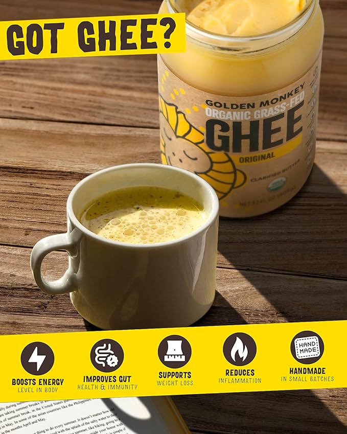 GOLDEN MONKEY Organic Ghee Butter – Grass Fed Clarified Butter for Cooking Baking Keto &amp Gut Health – Ghee Butter Organic Grass Fed from Small Farms – Smooth Spread with High Smoke Point (32oz)