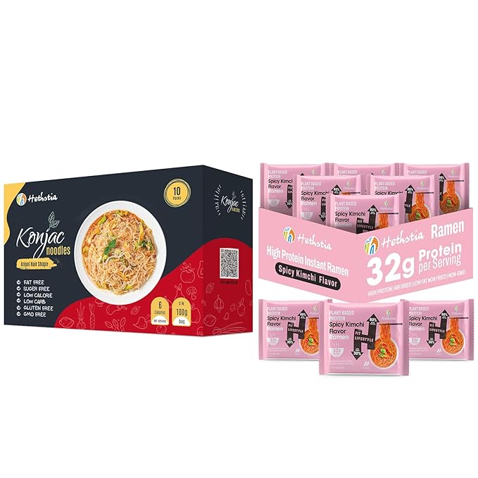 Hethstia Angel Hair Konjac Noodles &amp Spicy Kimchi High Protein Ramen 10-Pack Low-Carb Shirataki Pasta with 6-Pack 32g Plant Protein Kimchi Ramen Keto Low Calorie Non-GMO Healthy Instant Meal