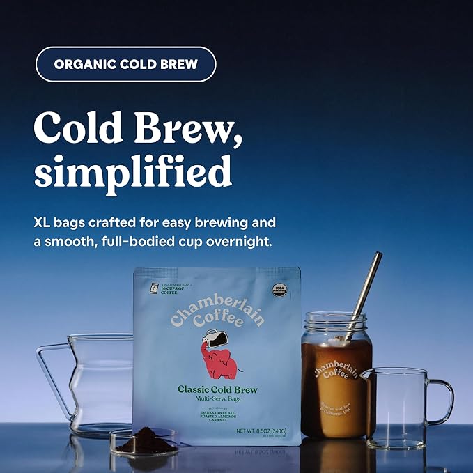 Chamberlain Coffee Organic Cold Brew Large Coffee Bags Medium Roast - Premeasured Ready to Brew - Makes 4 Cups per Bag - Perfect for Iced Coffee Convenient and Easy Brewing Experience - 8.5 oz