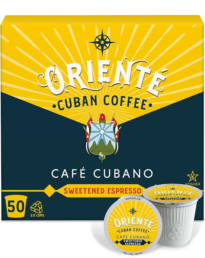 Oriente Sweetened Espresso Coffee Pods 50 ct Dark Roast Flavored Cuban Inspired Coffee in Single Serve Pods - 100% Arabica Coffee Compatible with Keurig K Cups Maker