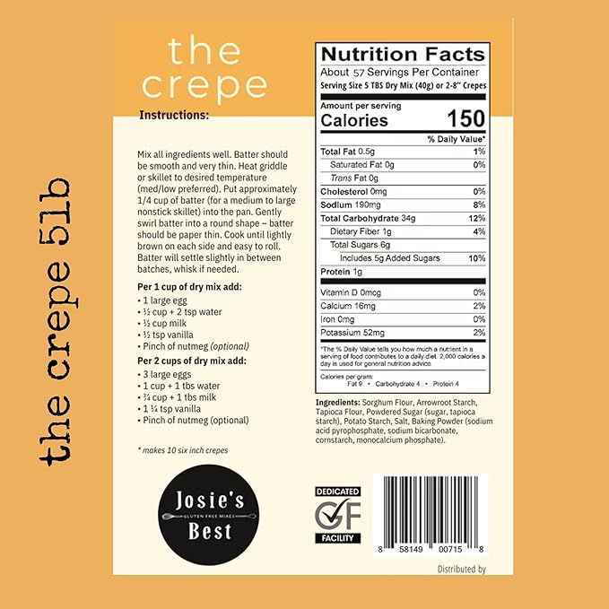 Josies Best Gluten Free Mixes Crepe Mix - 5lb Bulk Bag for GF Crepes - Certified Gluten Free - Dairy Free Made in Dedicated Facilities - American Family Owned and Made.
