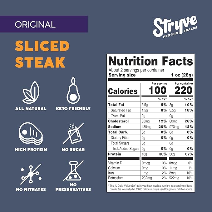 Stryve - Better Than Jerky Steak Snacks Protein Rich Beef Biltong | 36g Protein Sugar Free Carbs Free Gluten Free Dairy Free Keto &amp Paleo Friendly | Original Pack Of 4