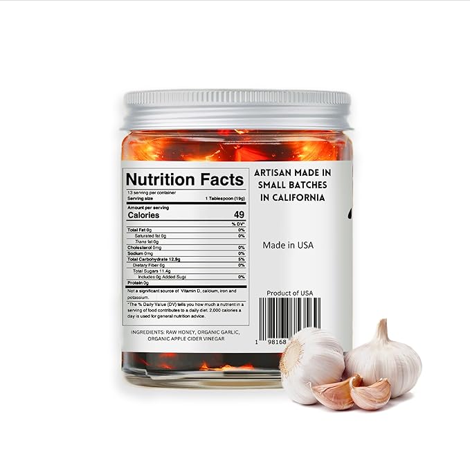 Ritta's Honey Fermented Garlic Honey to Enhance Meals and Overall Wellness. 100% Pure Nutrient Rich Raw California Wild Flower Honey with Organic Fermented Garlic Cloves