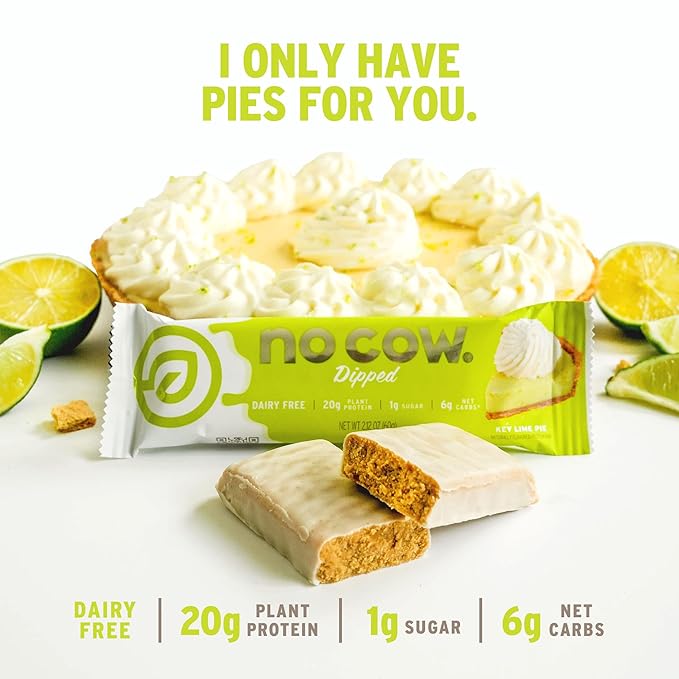 No Cow Vegan Protein Bars Upgraded Key Lime Pie | 20g Plant Based Protein Gluten Free Dairy Free Soy Free Keto Friendly Low Sugar High Fiber Snack Bars | Pack of 12