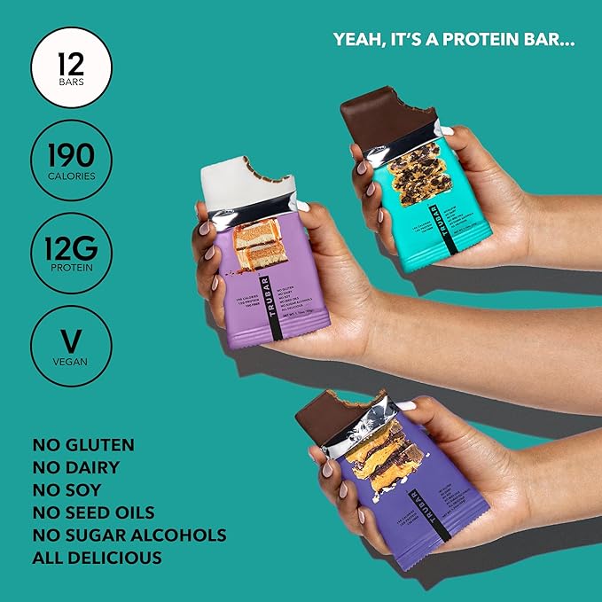 TRUBAR Vegan Protein Bar Variety Pack Assorted Flavors Peanut Butter Macchiato Cookie Dough Gluten Free Vegan Protein Snacks 12G Plant-Based Protein High Fiber Healthy Protein Bars 12 CT