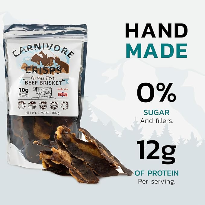 Carnivore Crisps Grass-Fed and Finished Beef Brisket Beef Crisps High Protein Keto &amp Carnivore Diet Approved Gluten-Free No Hormones 1.5 oz (Pack of 3)