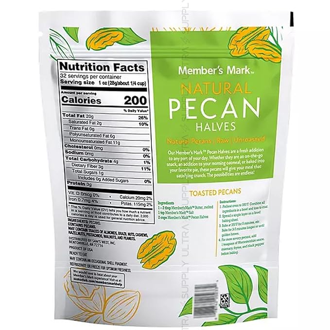 Members Mark Natural Pecan Halves (32 oz.) Unsalted Raw Pecans Fresh &amp Resealable Bag Great for Baking Snacking and Cooking