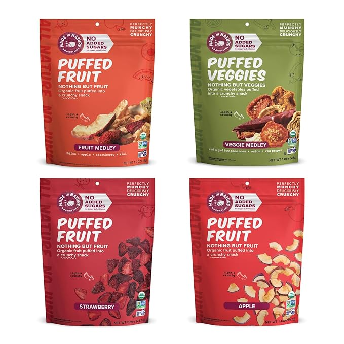 Made In Nature Organic Puffed Fruit &amp Veggie Sampler Pack 1.1 Ounce Bag (Pack of 4) - Includes 1 Veggie Medley 1 Strawberry 1 Fruit Medley 1 Apple