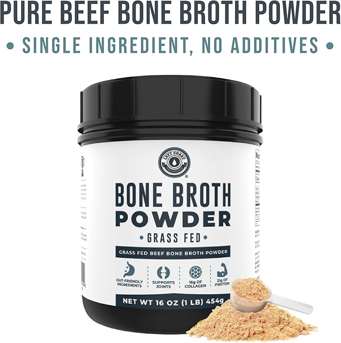 16oz Bone Broth Protein Powder From Grass Fed Beef - Unflavored Single Ingredient - Rich in Collagen Glucosamine Gelatin Paleo Protein Powder Gut-Friendly Non-GMO Ingredients Dairy-Free Protein